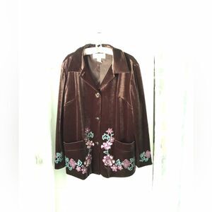 VERY VERANESI Brown Velvet Embroidery Blazer Jacket Women 18W Boho Hippie Retro